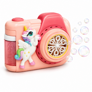 Kids bubble gun camera with manual bubble wheel and solution compartment