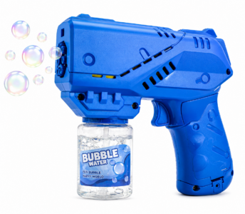 Kids electric bubble gun with battery compartment and bubble liquid bottle