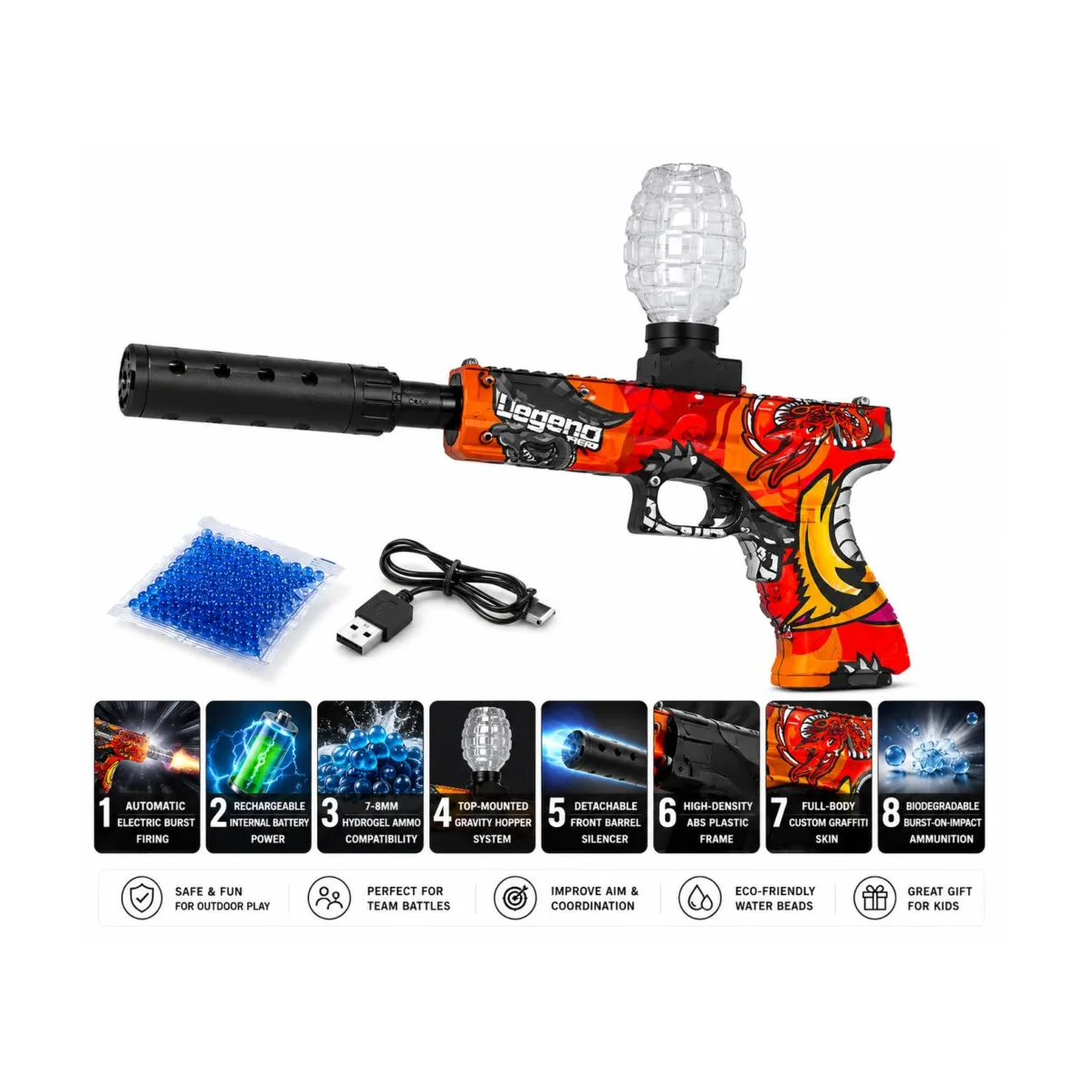 Kids Electric Gel Gun with Automatic Burst Kids electric gel gun with automatic burst, gravity hopper and 7–8mm hydrogel beads