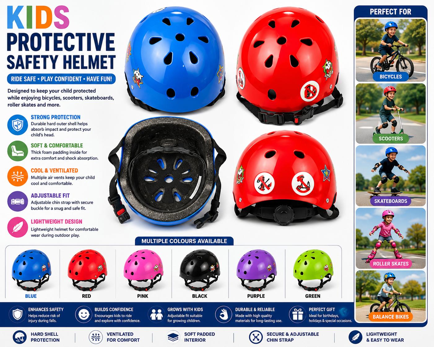 Kids Protective Safety Helmet Kids protective safety helmet with durable hard plastic outer shell, padded foam interior, adjustable chin strap and ventilation holes for bicycles, scooters, skateboards and roller skates available at Totoland Toys Kenya