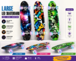 Large 4-wheel LED skateboard for kids and teens with assorted space, graffiti and sport-themed designs, durable anti-slip deck, rubber light-up wheels and heavy-duty metal trucks available at Totoland Toys Kenya