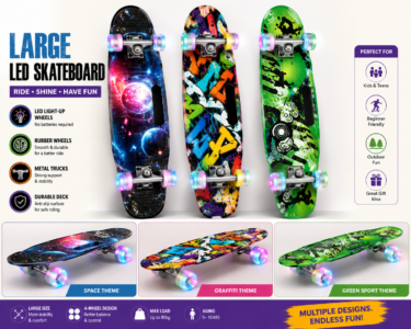 Large 4-wheel LED skateboard for kids and teens with assorted space, graffiti and sport-themed designs, durable anti-slip deck, rubber light-up wheels and heavy-duty metal trucks available at Totoland Toys Kenya