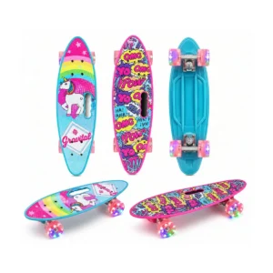 Assorted mini 4-wheel LED skateboards for kids in unicorn and comic-themed designs with hard plastic decks and rubber wheels