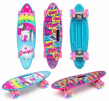 Assorted mini 4-wheel LED skateboards for kids in unicorn and comic-themed designs with hard plastic decks and rubber wheels available at Totoland Toys Kenya.