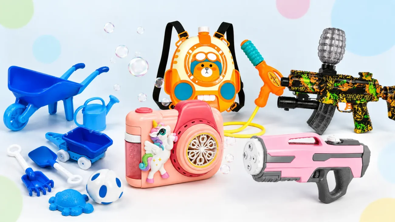 Outdoor toys for kids including sand toys, bubble toys and water-play products